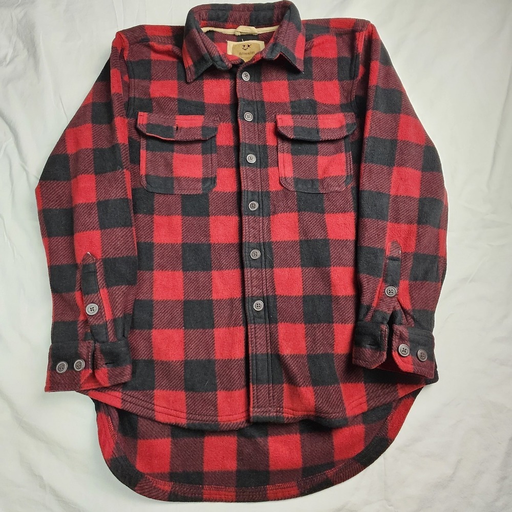 Outdoor Life Men's Heavyweight Fleece Flannel Shirt Red Black Buffalo Large